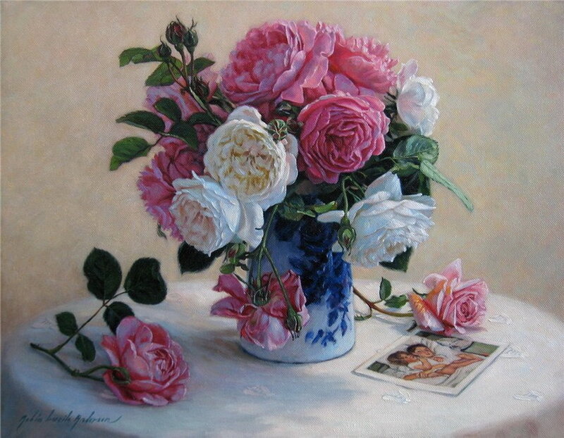 roses in a blue vase