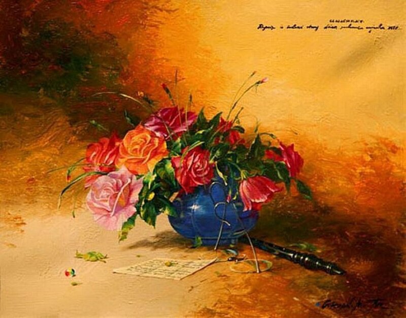 Roses in a Blue Vase — Orange
