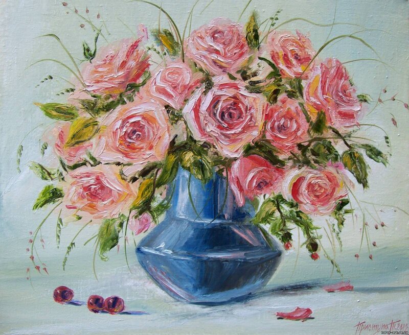 Roses in a Blue Vase — Pink, Calm