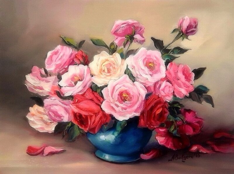 Roses in a Blue Vase — Pink, Serene