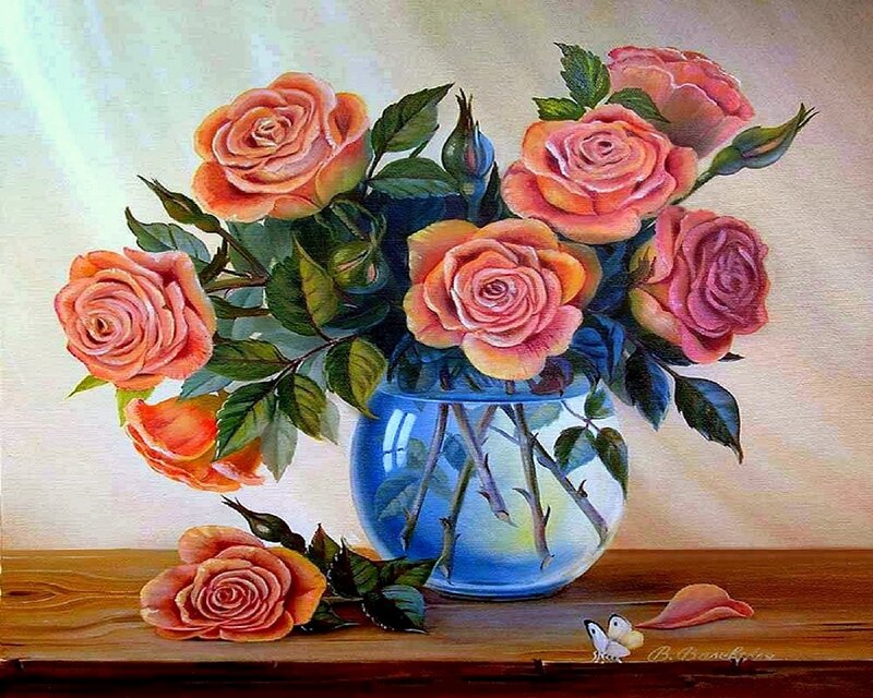 Roses in a Blue Vase — Serene, Painting