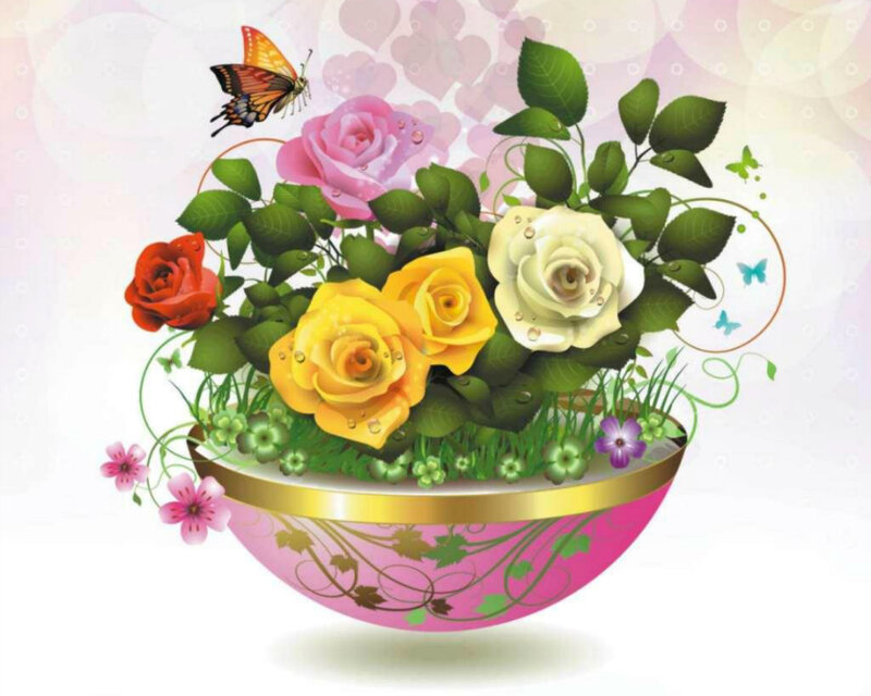 Roses in a Bowl — Pink, Serene, Digital Art