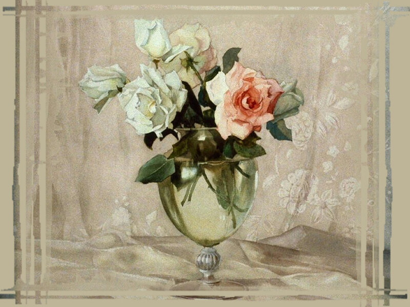 Roses in a Glass Vase — White