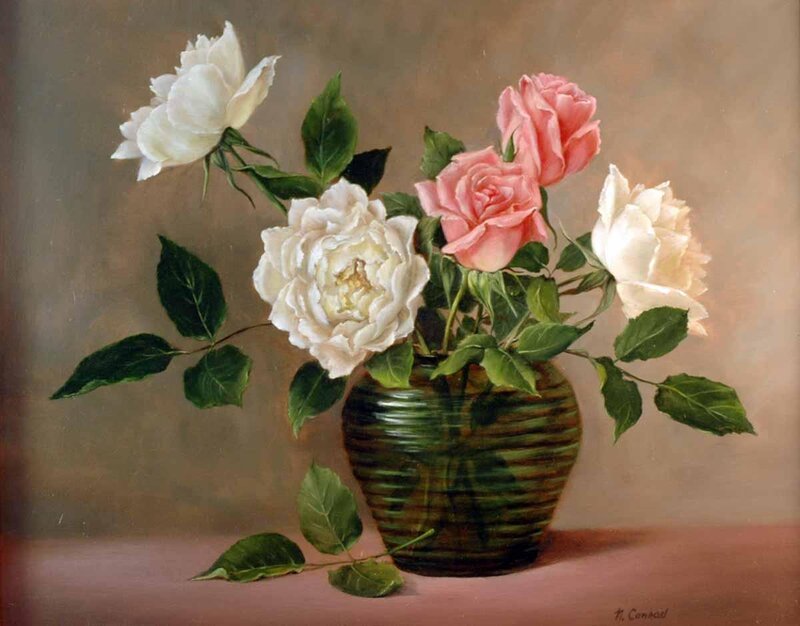 Roses in a green vase