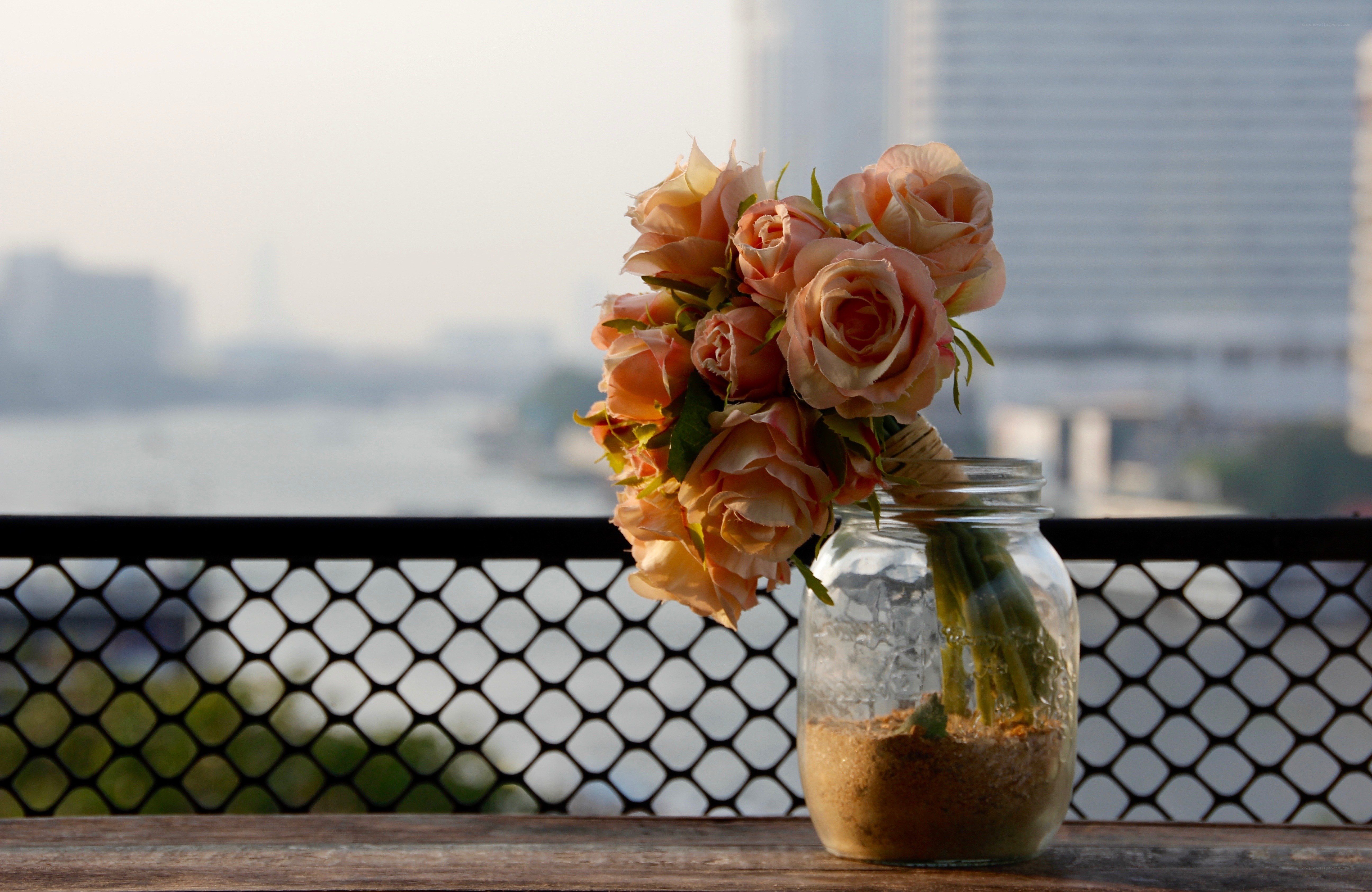 Roses in a jar on a balcony