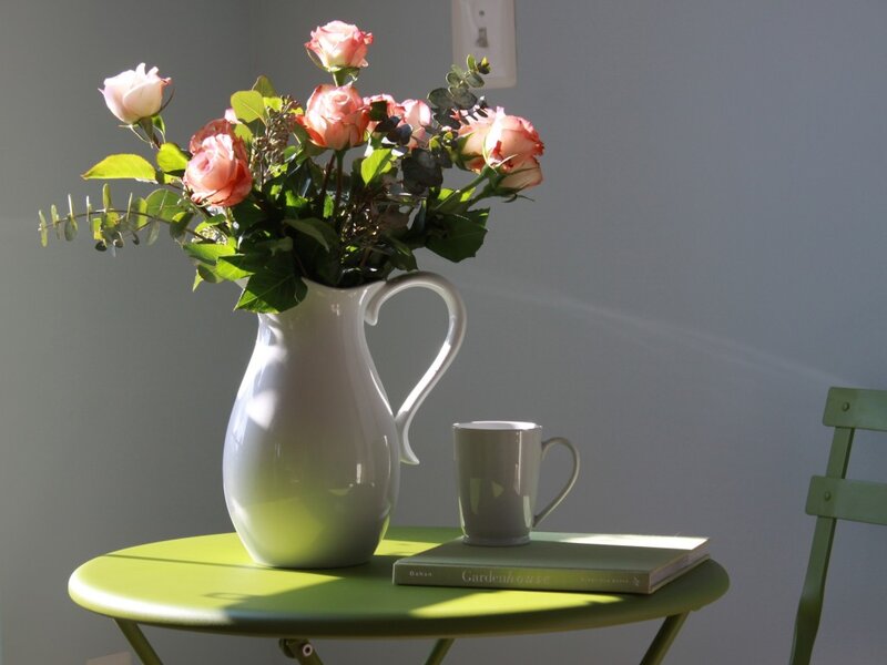 Roses in a Pitcher — Green, Serene, Morning
