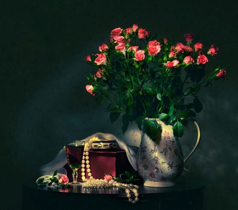 Roses in a Pitcher — Pink, Dramatic