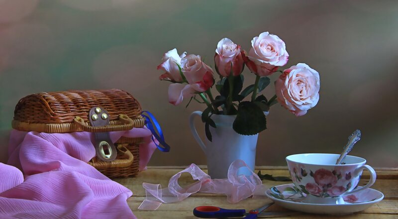 Roses in a Pitcher — Pink, Serene, Photograph, Basket