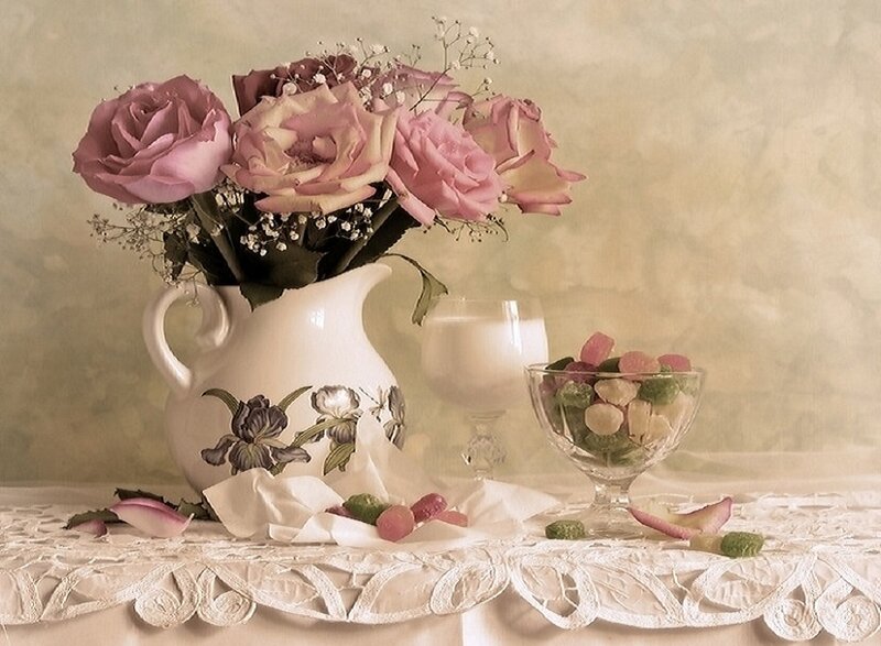 Roses in a Pitcher — Pink, Serene, Photograph