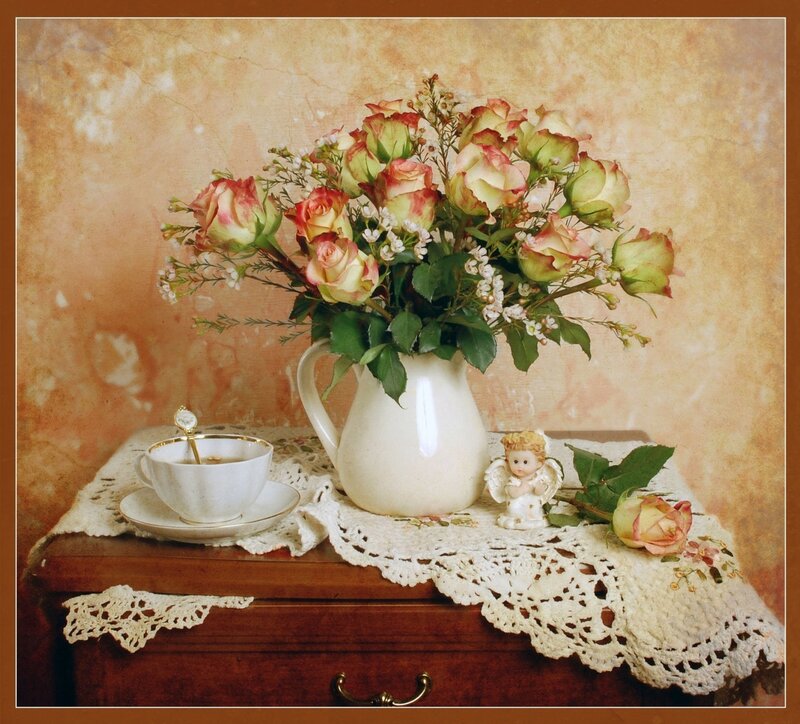 Roses in a Pitcher — White