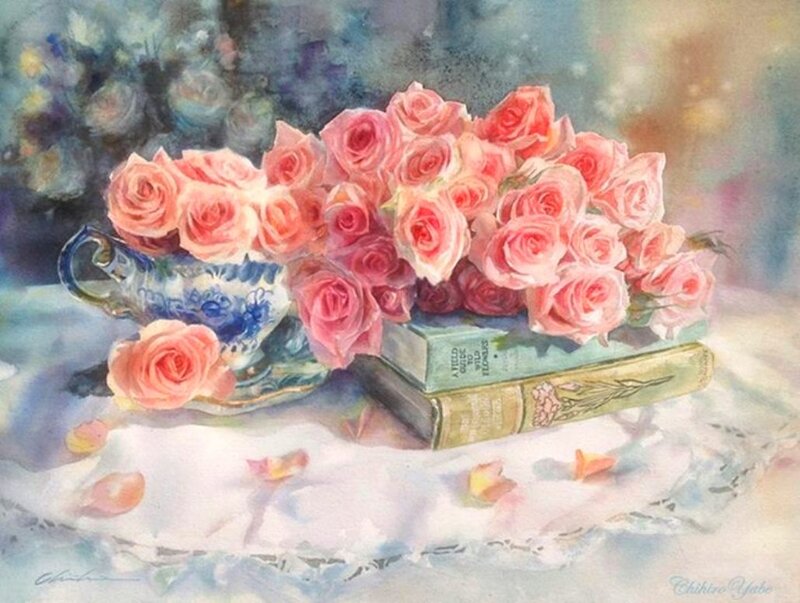 Roses in a Teacup — Pink, Serene, Painting