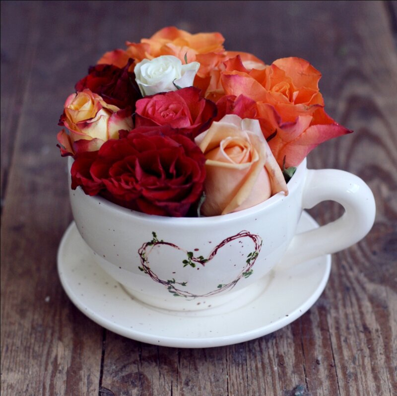 Roses in a Teacup — White, Calm, Photograph