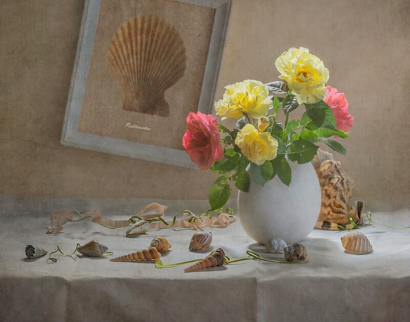 Roses in a Vase — Beige, Serene, Photograph