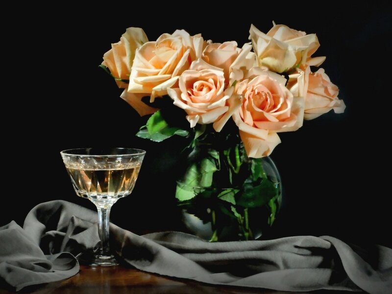 Roses in a Vase — Black, Dramatic, Photograph, Wine Glass