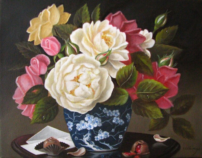 Roses in a Vase — Blue, Calm, Painting
