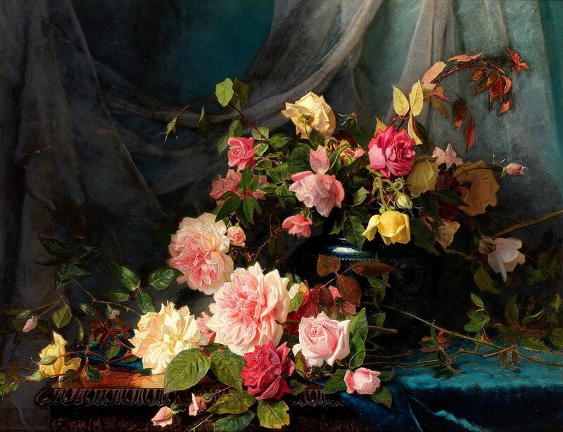 Roses in a Vase — Blue, Dramatic, Painting, Curtain