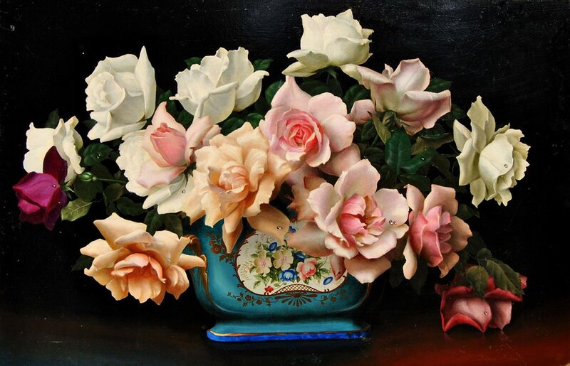 Roses in a Vase — Blue, Dramatic, Painting