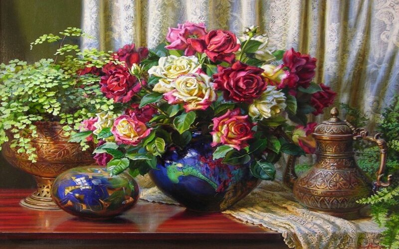 Roses in a Vase — Blue, Serene, Painting, Plant