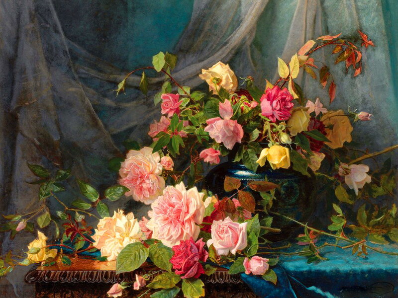 Roses in a Vase — Blue, Serene, Painting