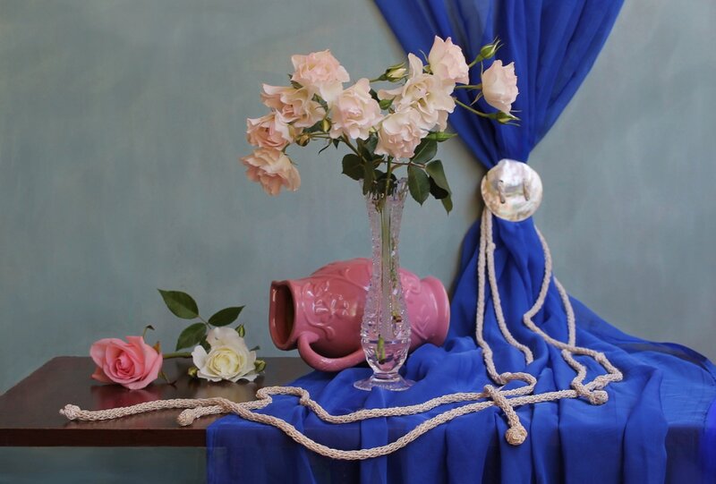 Roses in a Vase — Blue, Serene, Photograph
