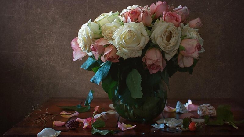 Roses in a Vase — Brown, Dramatic, Photograph, Leaves