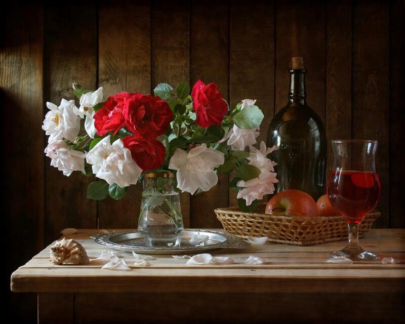 Roses in a Vase — Brown, Dramatic, Photograph