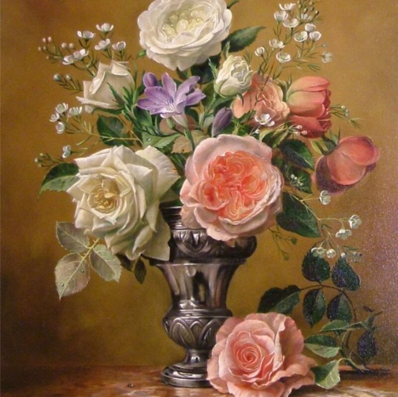 Roses in a Vase — Brown, Serene, Painting