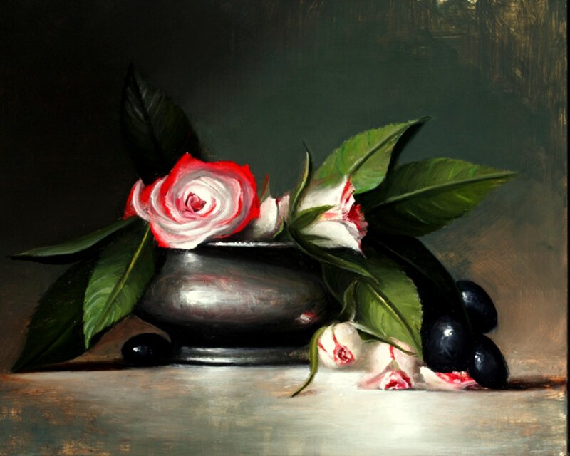 Roses in a Vase — Green, Dramatic, Painting