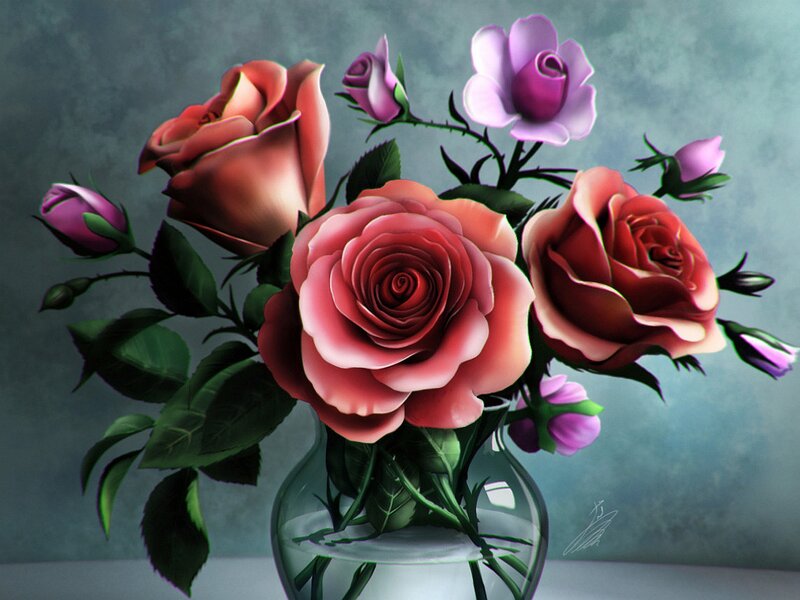 Roses in a Vase — Pink, Calm, Digital Art