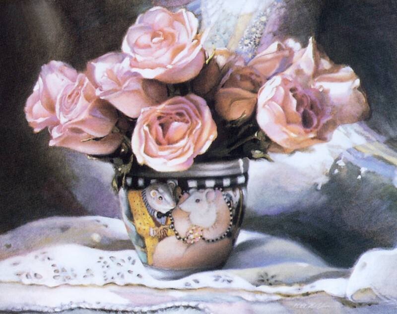 Roses in a Vase — Pink, Calm, Painting, Lace Tablecloth