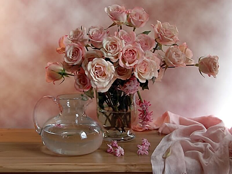 Roses in a Vase — Pink, Calm, Photograph, Pitcher