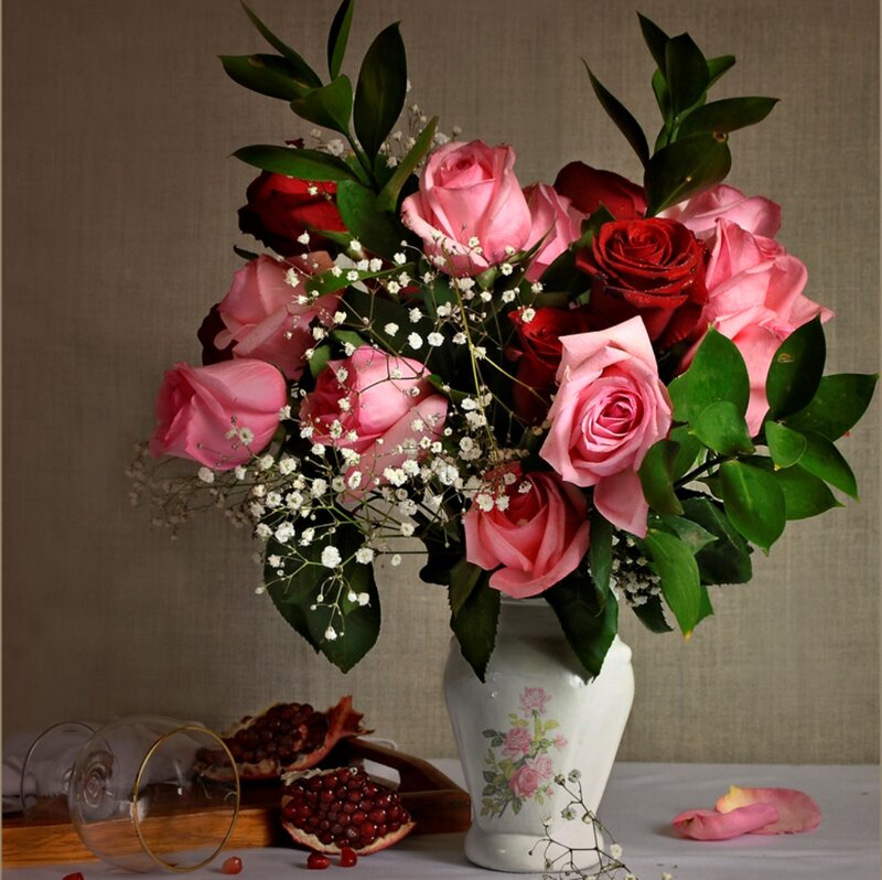 Roses in a Vase — Pink, Calm, Photograph, Pomegranate