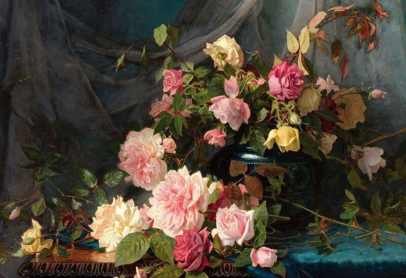 Roses in a Vase — Pink, Dramatic, Painting, Leaves