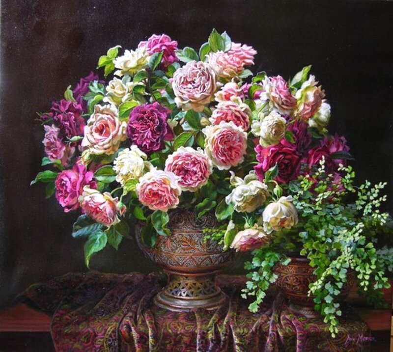 Roses in a Vase — Pink, Dramatic, Painting, Tablecloth