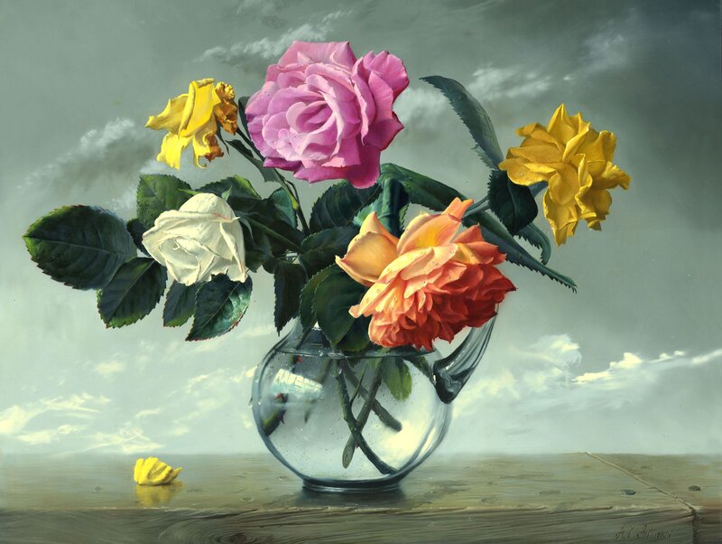 Roses in a Vase — Pink, Dramatic, Painting