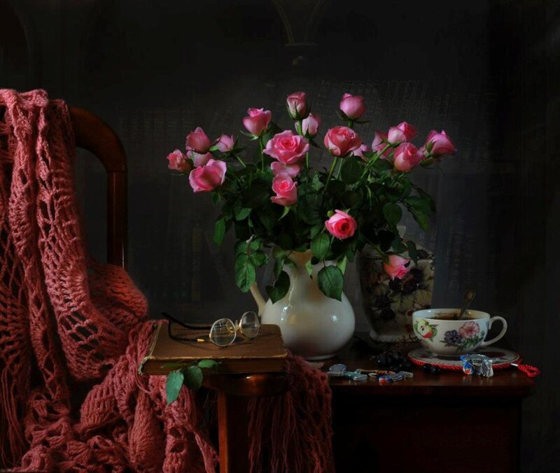 Roses in a Vase — Pink, Dramatic, Photograph, Chair