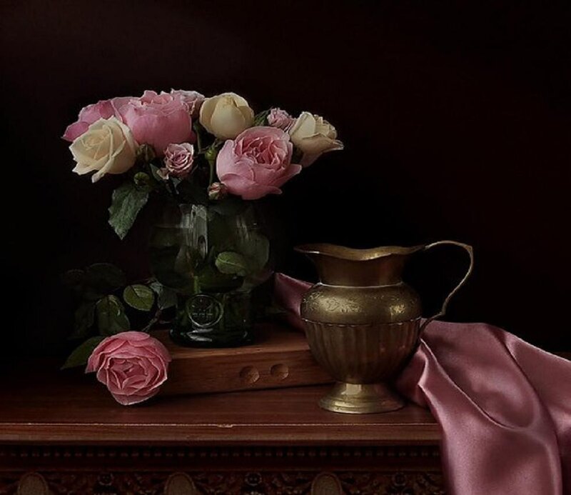 Roses in a Vase — Pink, Dramatic, Photograph, Pitcher