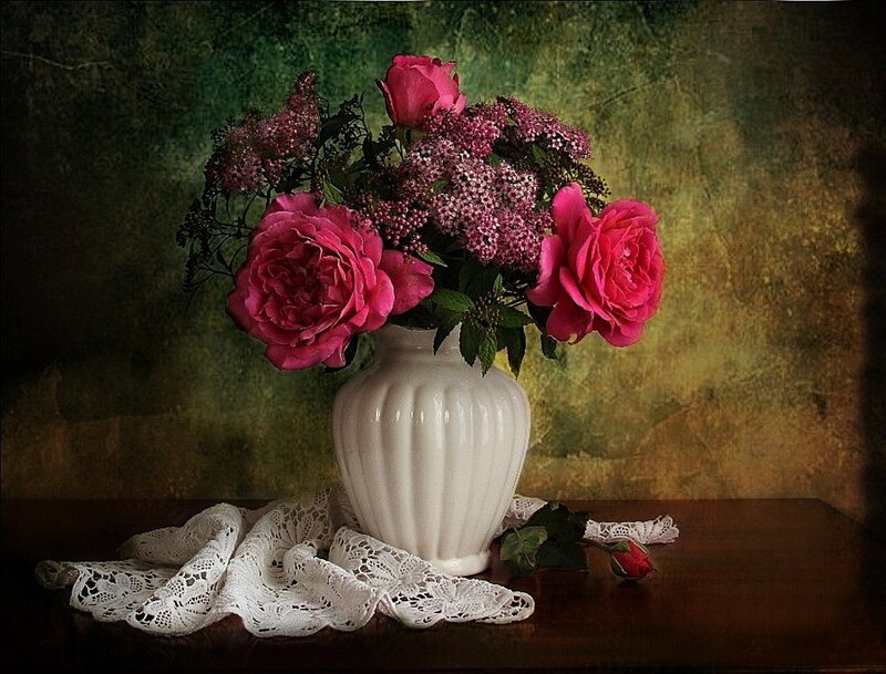 Roses in a Vase — Pink, Dramatic, Photograph