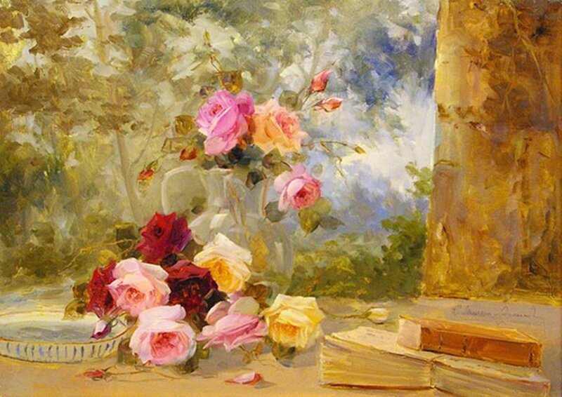 Roses in a Vase — Pink, Serene, Afternoon, Painting, Books