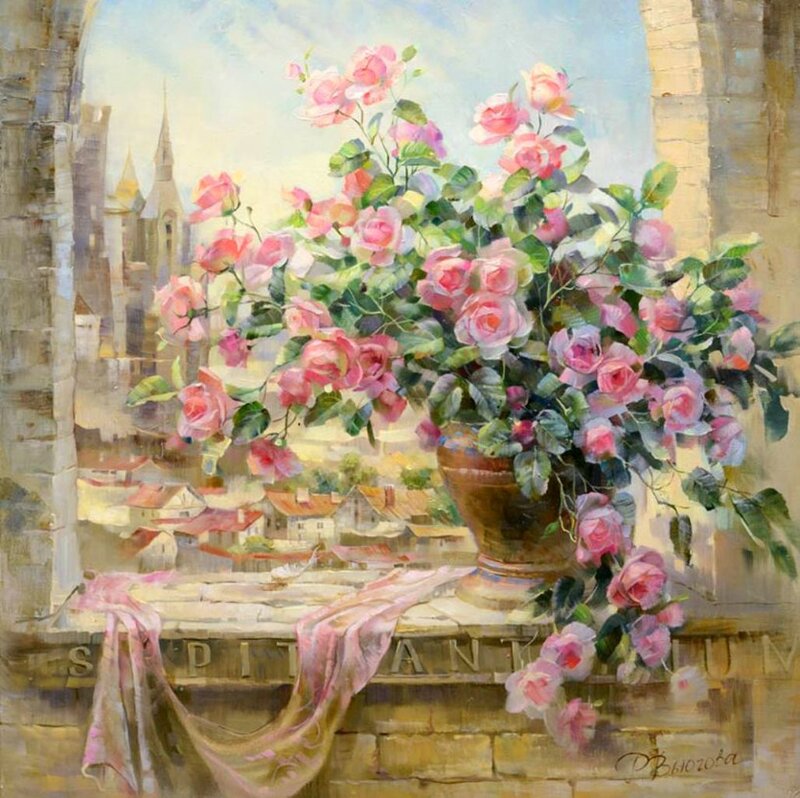 Roses in a Vase — Pink, Serene, Afternoon, Painting