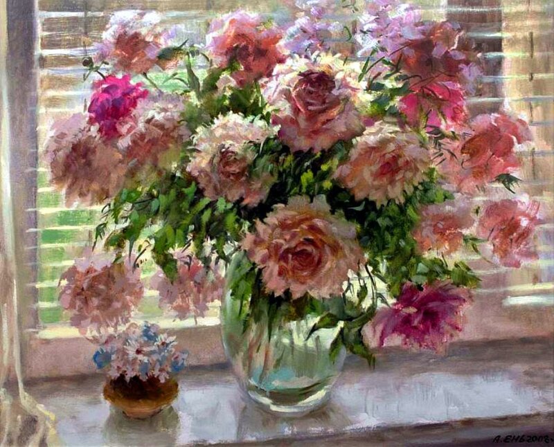 Roses in a Vase — Pink, Serene, Afternoon, Painting, Window