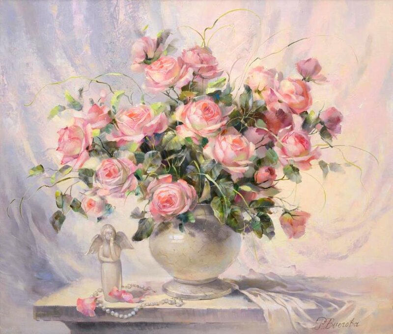 Roses in a Vase — Pink, Serene, Painting, Angel Statue