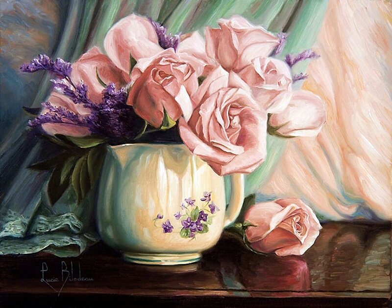 Roses in a Vase — Pink, Serene, Painting, Flower