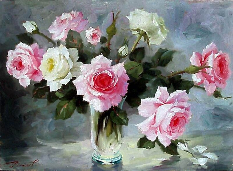 Roses in a Vase — Pink, Serene, Painting, Flowers