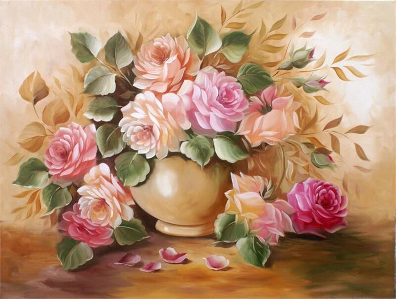 Roses in a Vase — Pink, Serene, Painting, Leaves, Petals