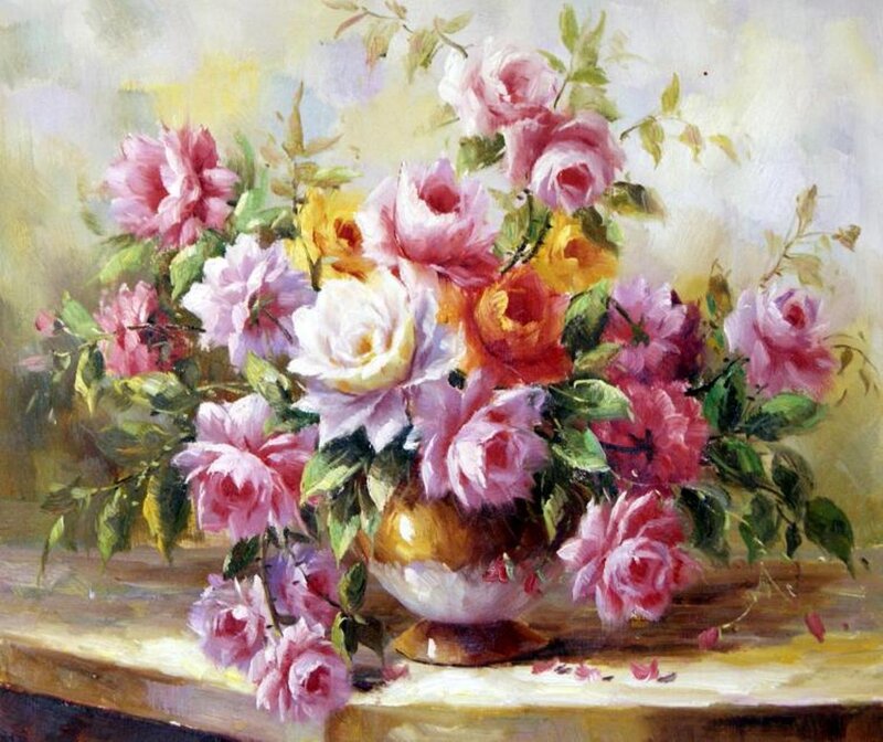 Roses in a Vase — Pink, Serene, Painting, Table
