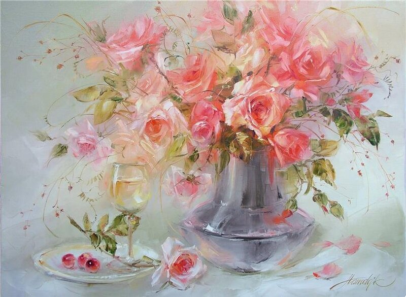 Roses in a Vase — Pink, Serene, Painting, Wine Glass