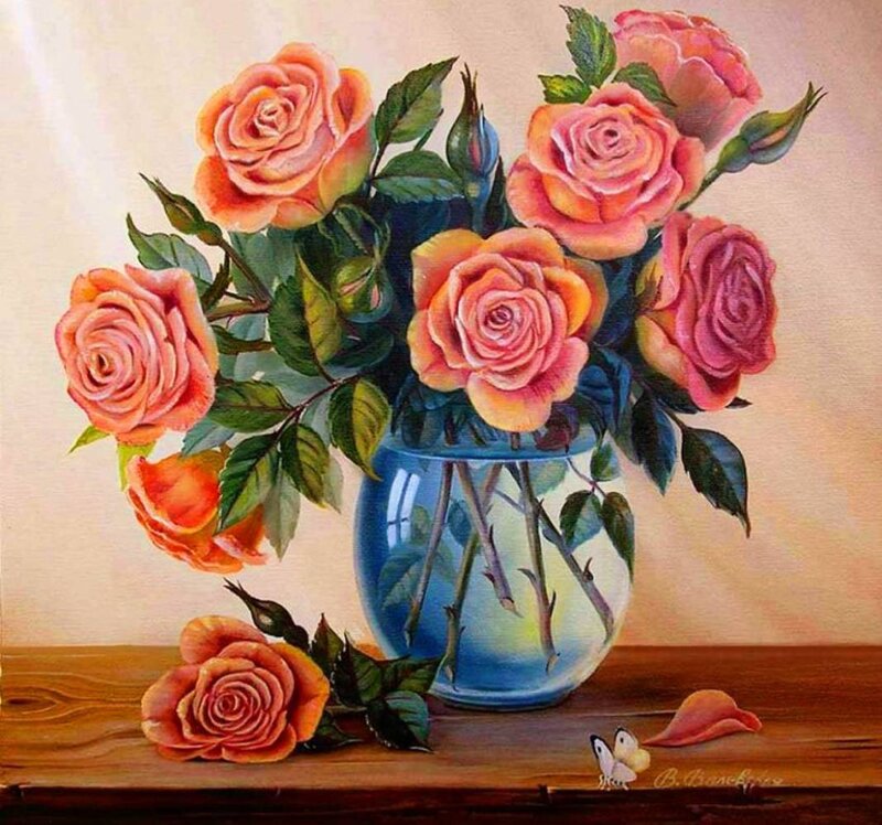 Roses in a Vase — Pink, Serene, Painting, Wooden Table