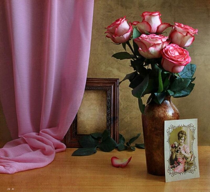 Roses in a Vase — Pink, Serene, Photograph, Curtain