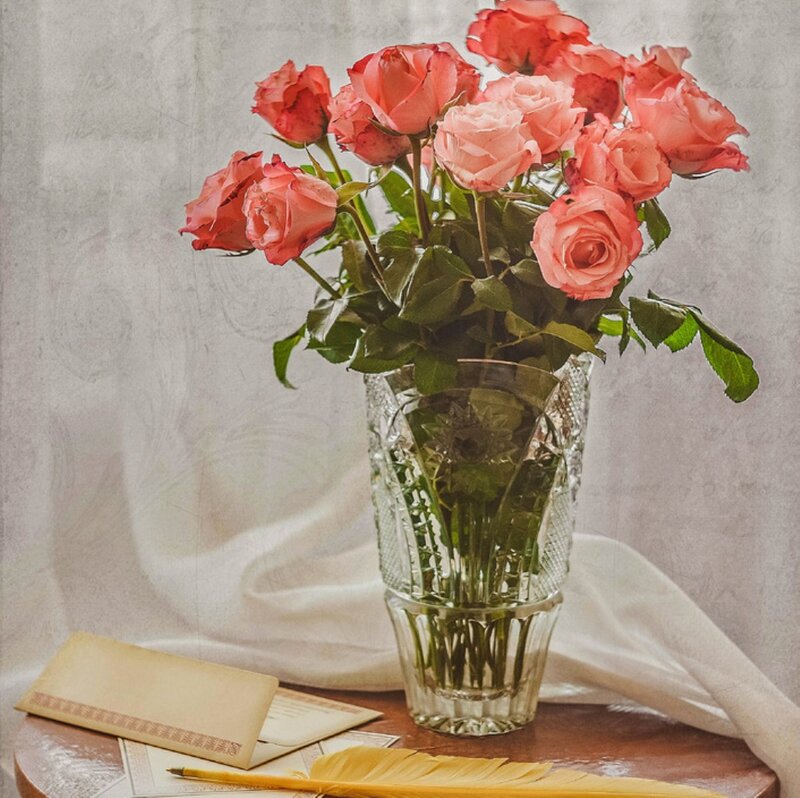Roses in a Vase — Pink, Serene, Photograph, Envelope